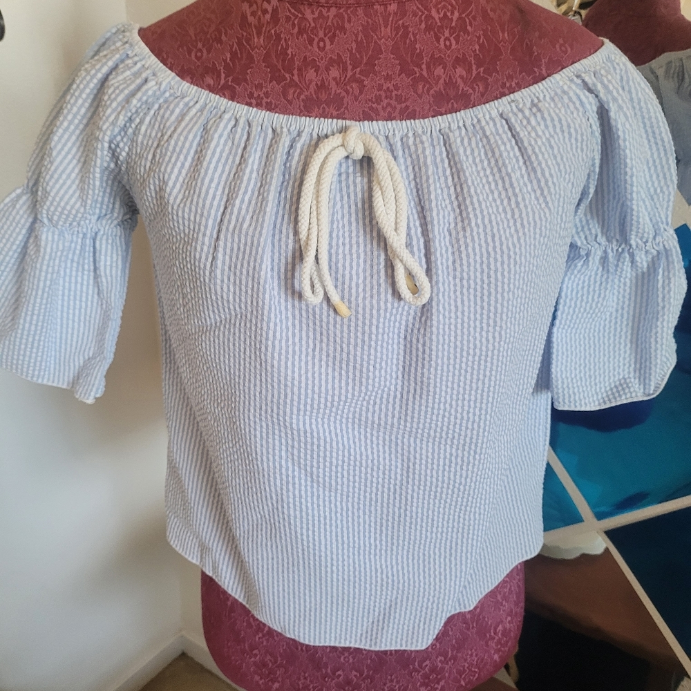 Crop blue and white off the shoulder top
